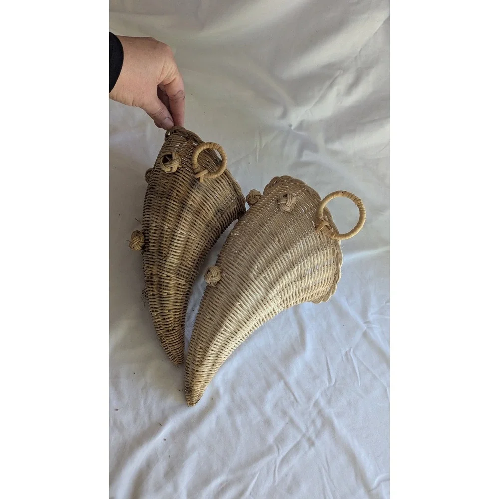 Vintage Woven Wicker Cornucopia Wall Hanging Baskets Set of 2 Natural Rattan
